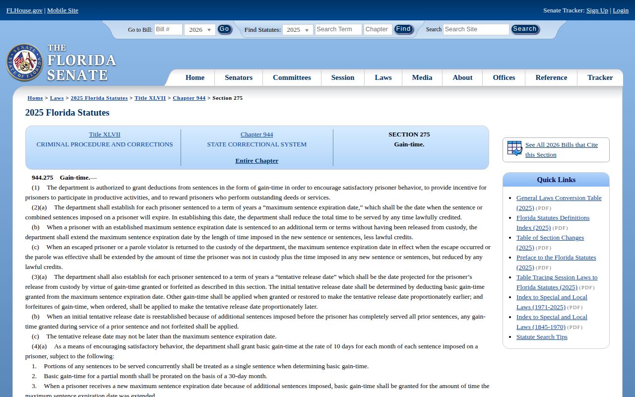 Florida gain-time law for St. Lucie County projected release date calculation