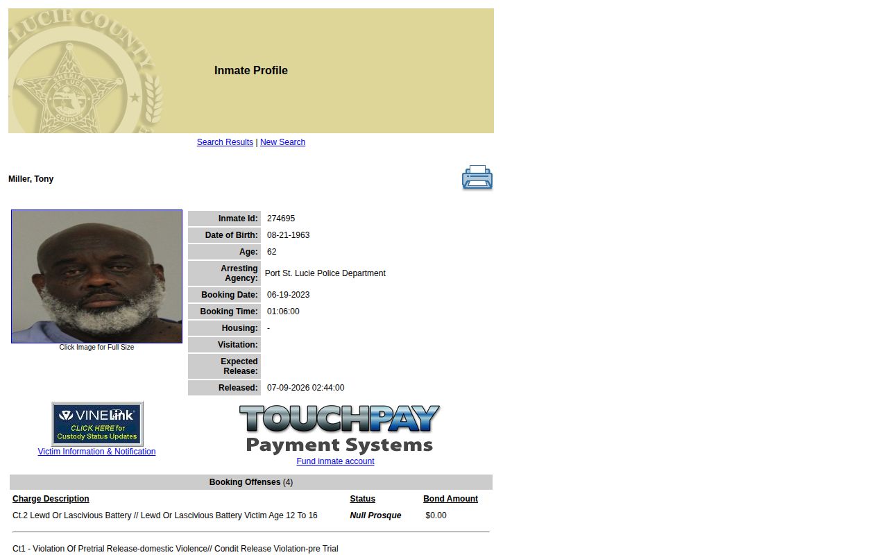 St. Lucie County released inmate profile linked to VINELink notification